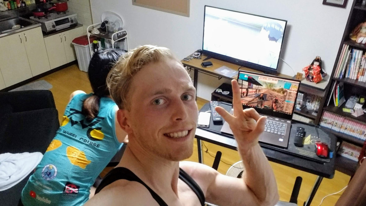 husband wife indoor cycling while watching anime japanese apartment